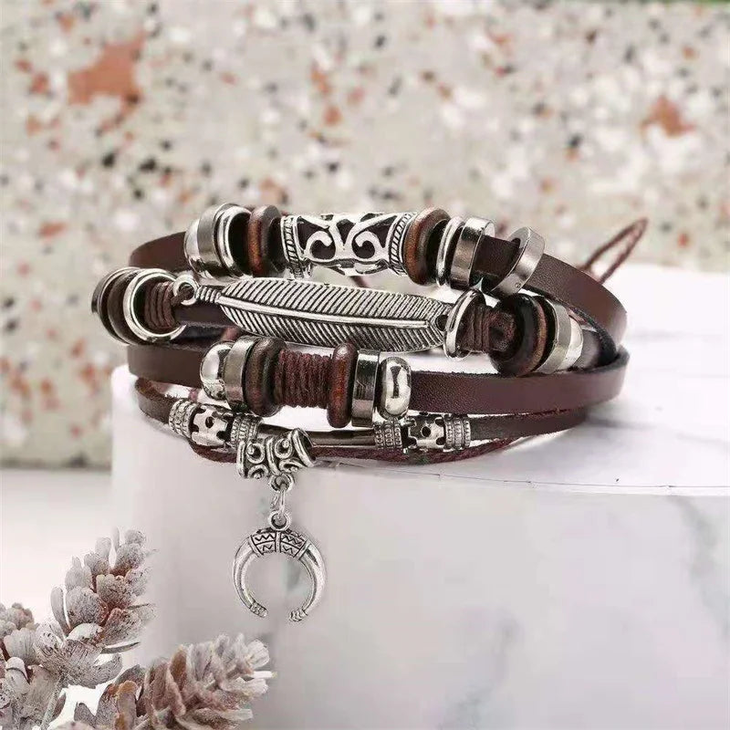Men's Retro Punk Leather Woven Bracelet Multilayer Wrap Jewelry