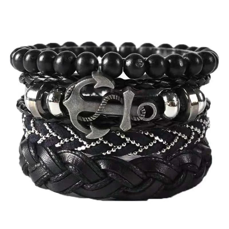 Men's Leather Woven Bracelet Vintage Anchor Multilayer Wide Wrap