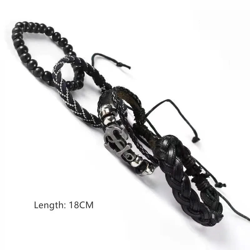 Men's Leather Woven Bracelet Vintage Anchor Multilayer Wide Wrap