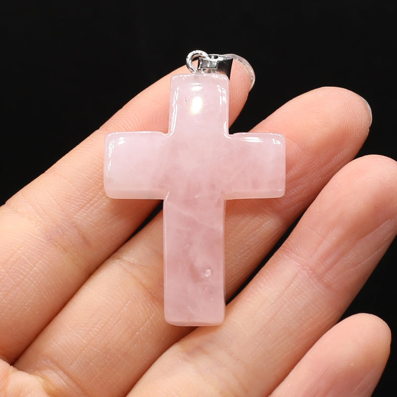 Rose Quartz Malachite Stone Cross Pendant 28x45mm