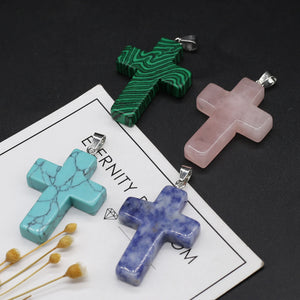 Rose Quartz Malachite Stone Cross Pendant 28x45mm