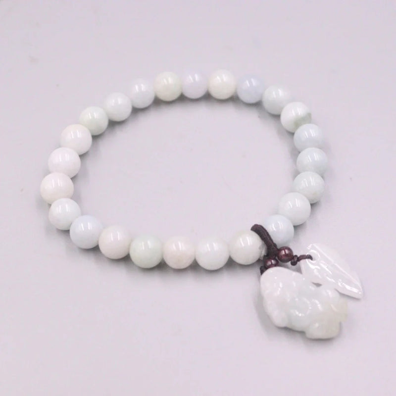 Natural Jade Bead Bracelet 8mm Lucky Leaf Pixiu Charms 16-17cm