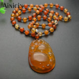 Red Agate Chalcedony Carved Pendant Necklace 24'' Beaded Chain Ethnic Jewelry