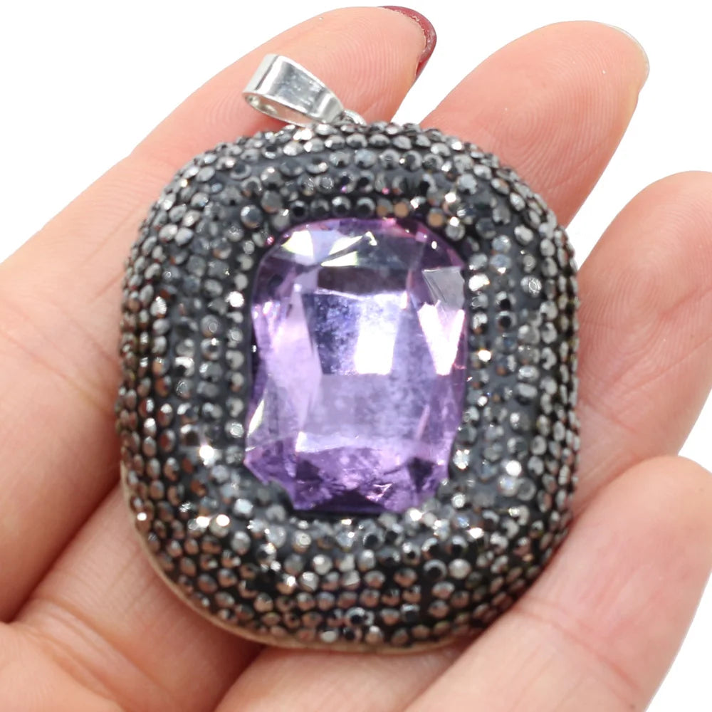Natural Stone Crystal Charm Square Mix Pendant for Necklace Earring DIY 35x45mm