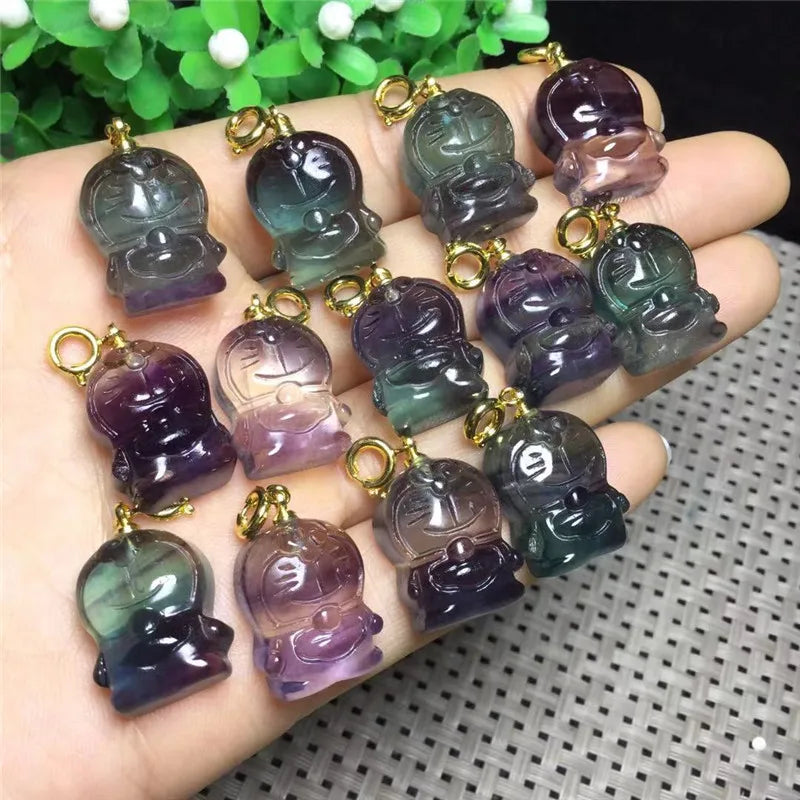 Natural Colored Fluorite Hand-Carved Animal Cat Pendant