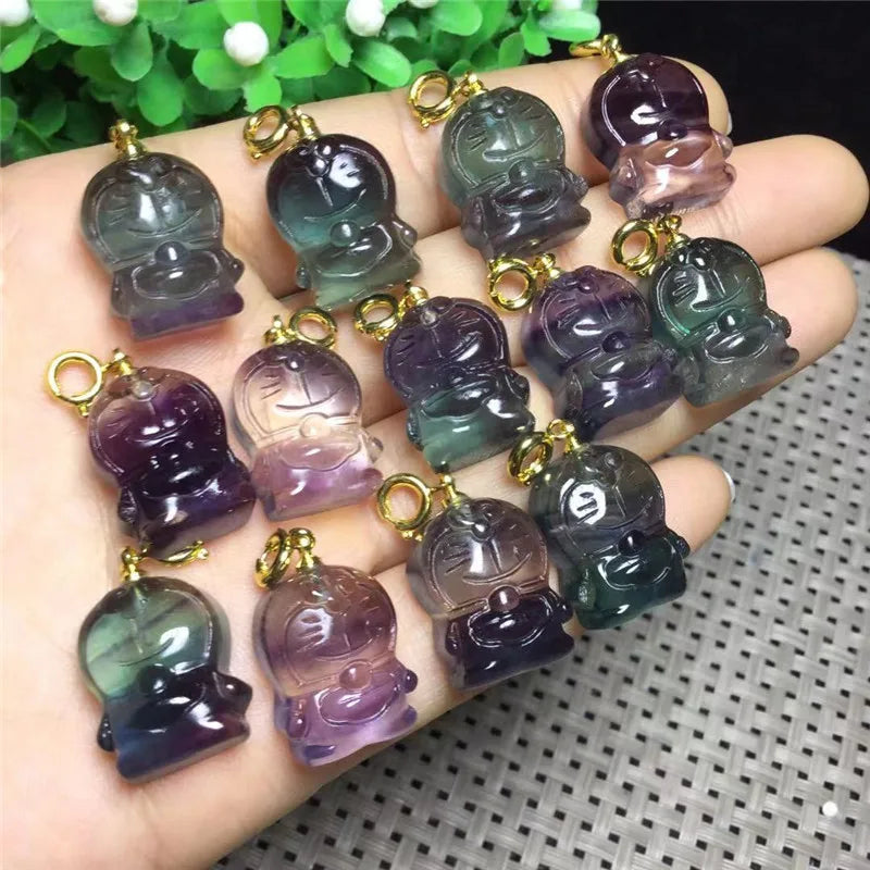 Natural Colored Fluorite Hand-Carved Animal Cat Pendant