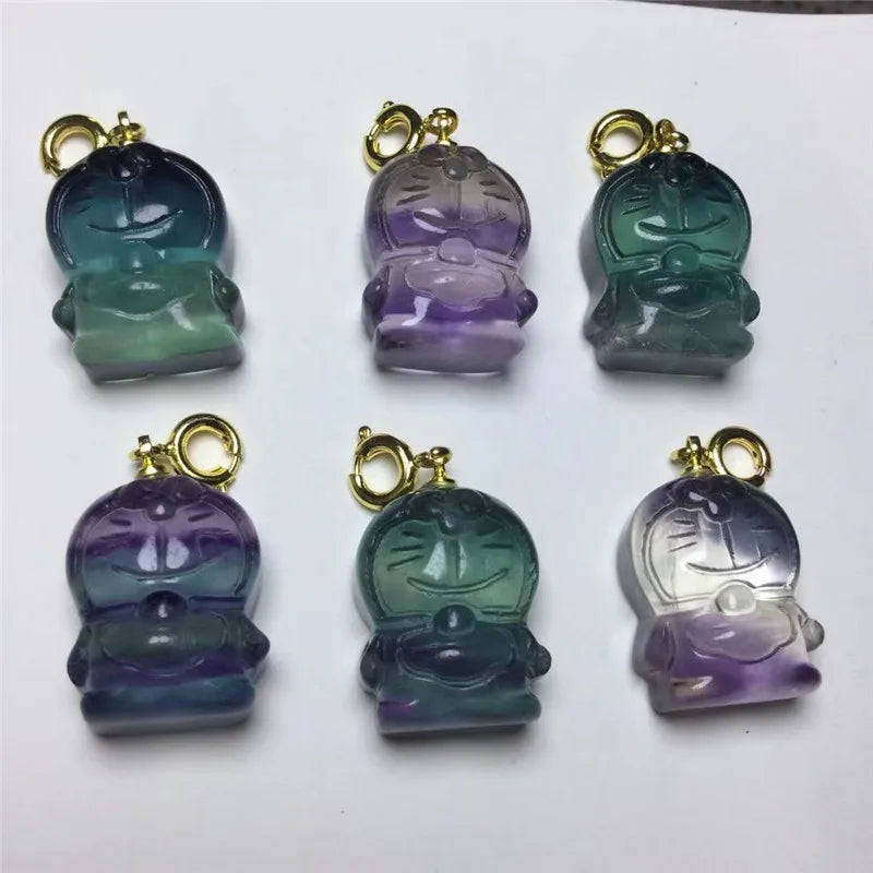 Natural Colored Fluorite Hand-Carved Animal Cat Pendant