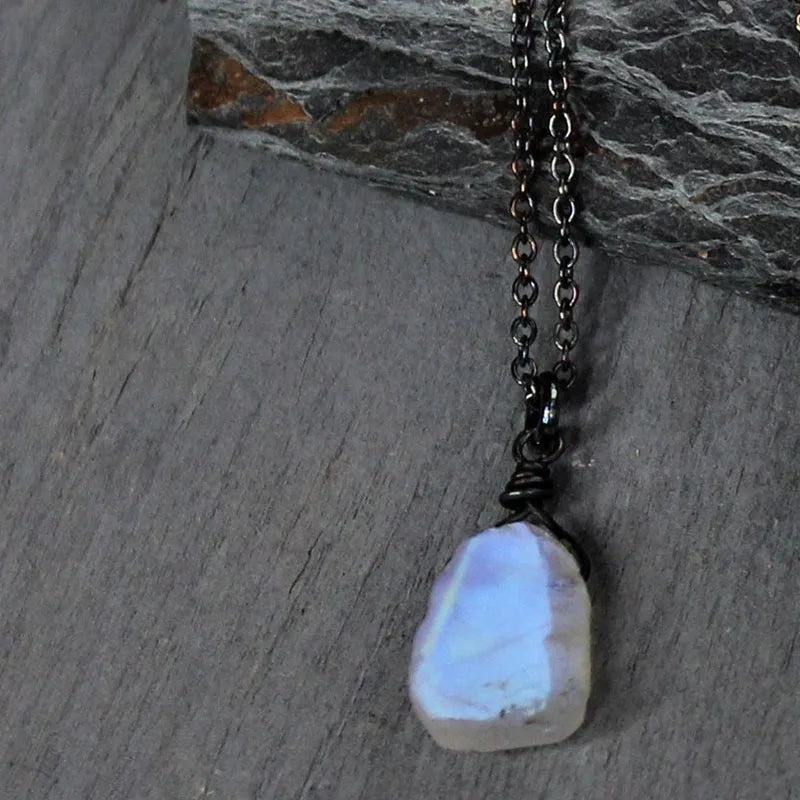 Rainbow Moonstone Necklace Raw Crystal Pendant Rose Gold