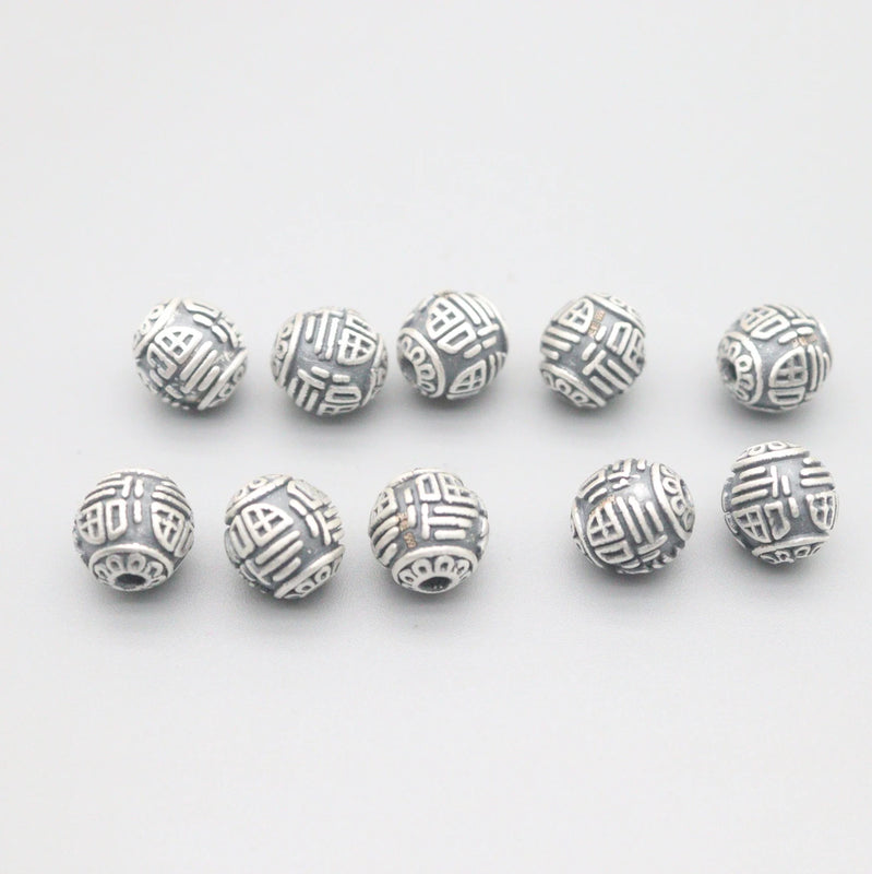 S999 Pure Silver Retro 3D Taiyin Blessing 11mm Bead Red Rope Bracelet