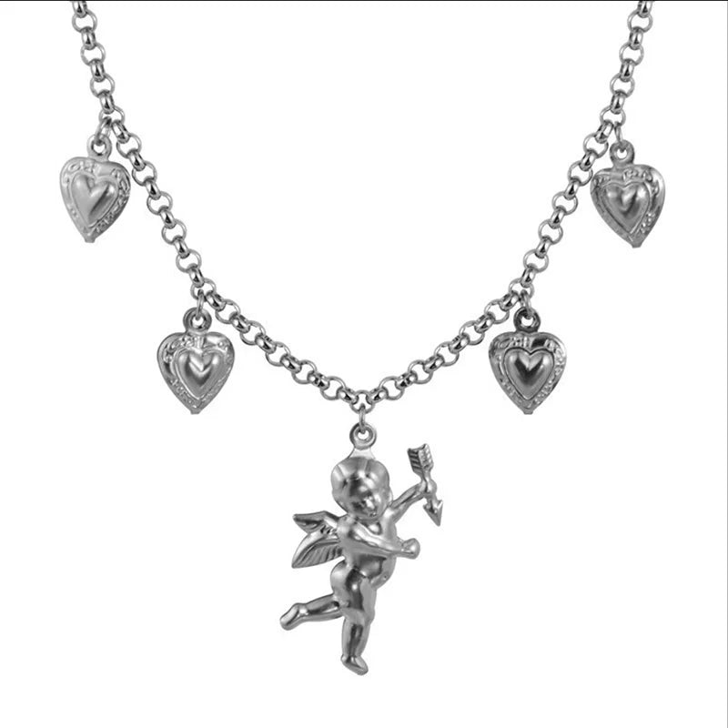 Stainless Steel Love Angel Wing Heart Bell Chain Necklace