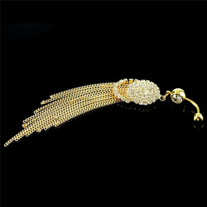Long Tassel Belly Button Ring with Rhinestone Pendant
