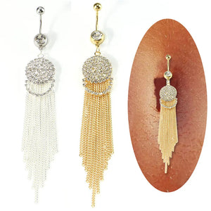 Long Tassel Belly Button Ring with Rhinestone Pendant