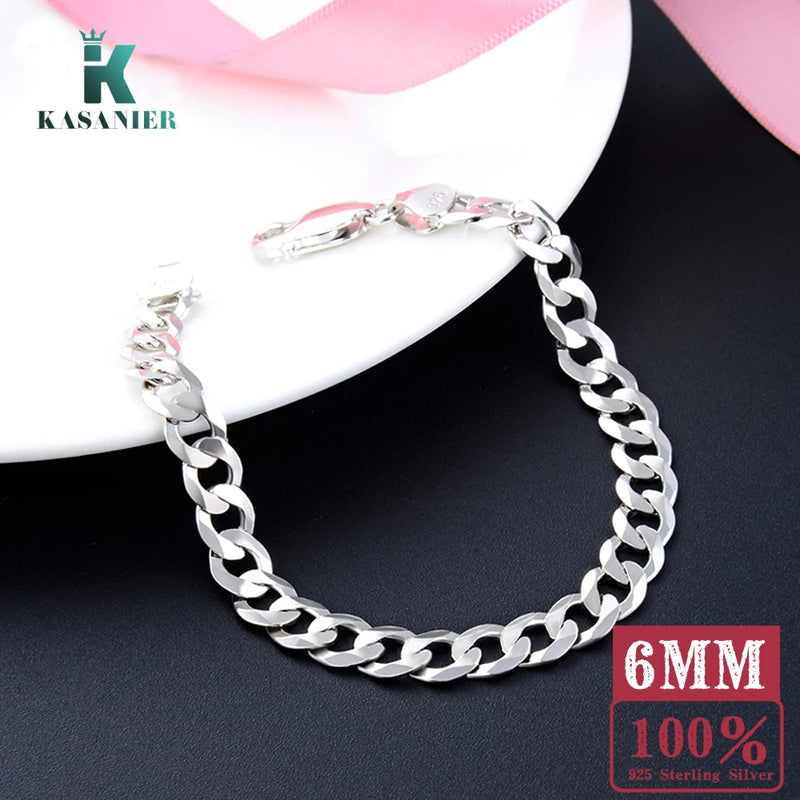 925 Silver Bracelet Men 6MM Sideways Chain 925 Jewelry Bracelet