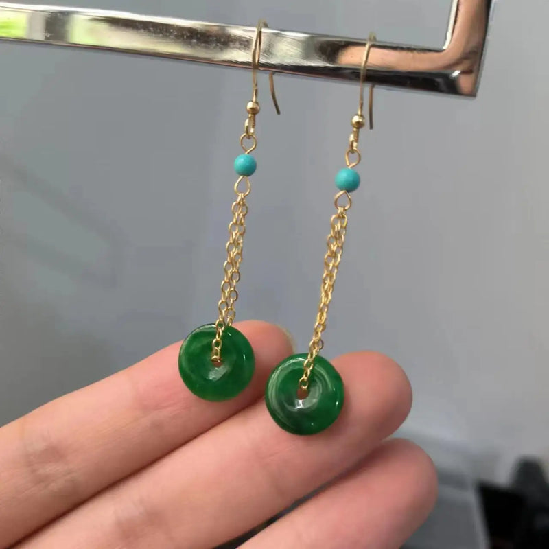 Natural Emerald Earrings Ear Hooks 14K Chain Green Safety Buckle Pendant