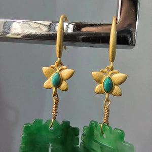 Natural Emerald Earrings Hooks S925 Silver Double Happiness Pendant