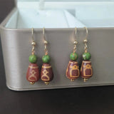 Natural God of Fortune agate dzi earrings weathered pattern red line 14K