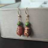 Natural God of Fortune agate dzi earrings weathered pattern red line 14K