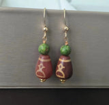 Natural God of Fortune agate dzi earrings weathered pattern red line 14K