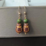 Natural God of Fortune agate dzi earrings weathered pattern red line 14K