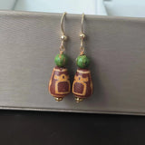 Natural God of Fortune agate dzi earrings weathered pattern red line 14K