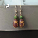 Natural God of Fortune agate dzi earrings weathered pattern red line 14K