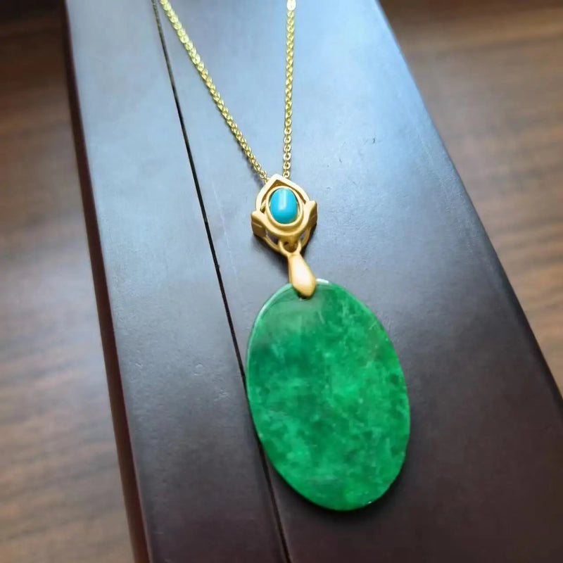 Natural Jade Oval Necklace 14K Turquoise Folk-Custom Jewelry