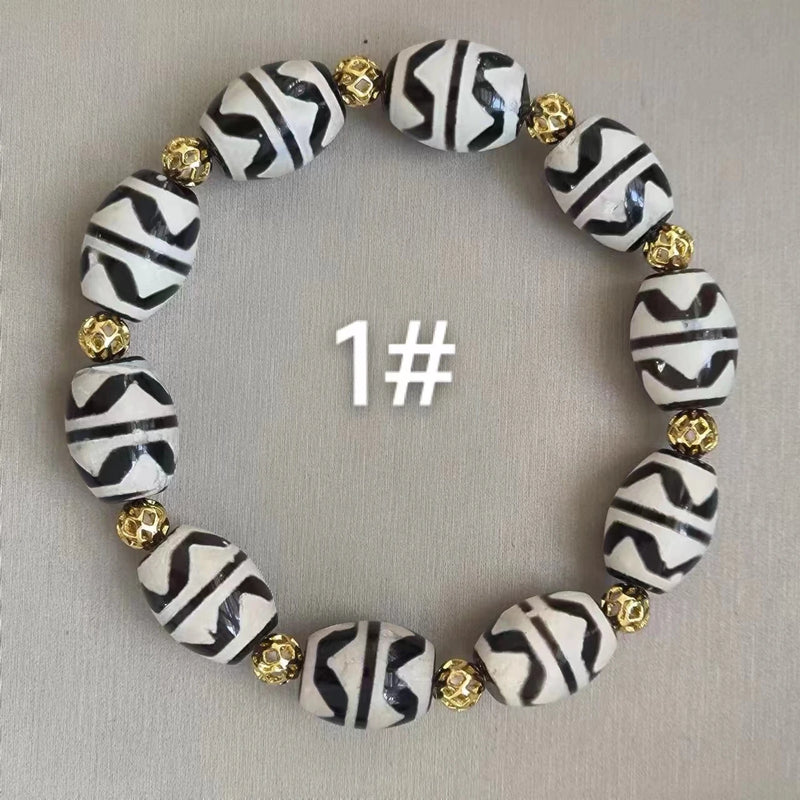 Natural Dallo Double Tiger Tooth Agate Dzi Bead Bracelet