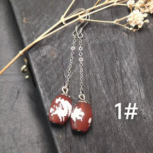 Natural Agate Dzi Earrings S925 Sterling Silver Ethnic Jewelry