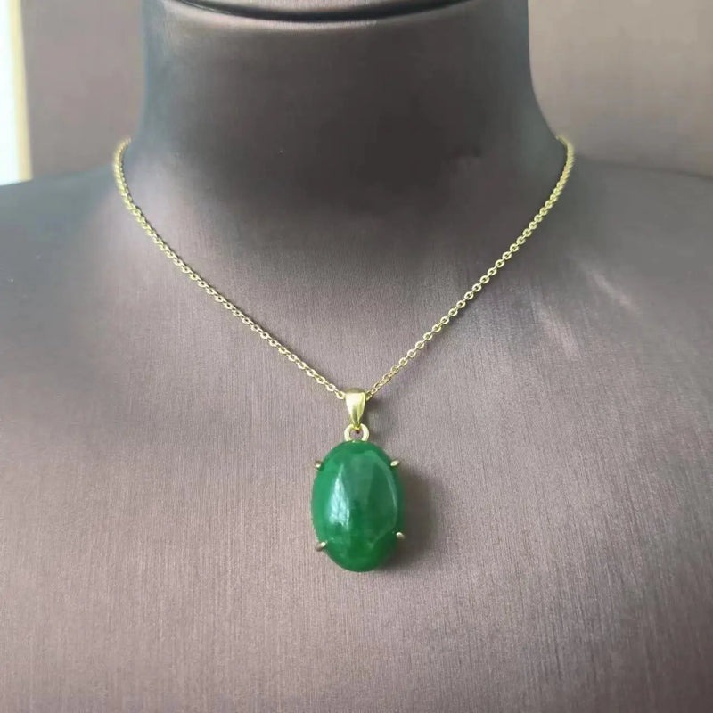 Natural emerald dry green Pendant Necklace S925 Sterling silver plated oval