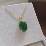 Natural emerald dry green Pendant Necklace S925 Sterling silver plated oval
