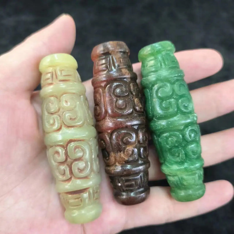 Natural Jade Beads Carved Auspicious Clouds Horn Hole Bracelet Necklace