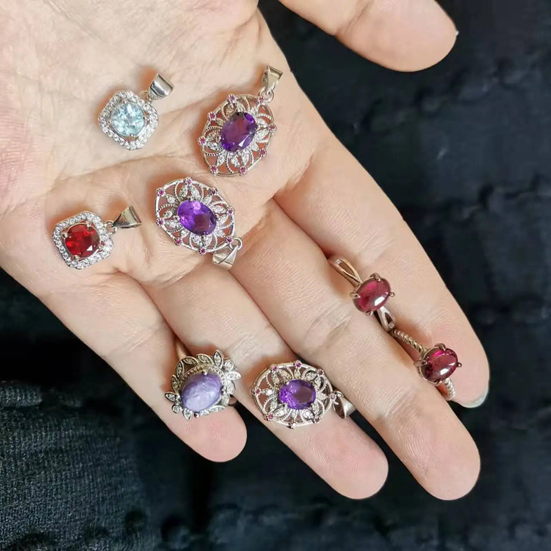 Natural Amethyst Ruby Pendant S925 Sterling Silver Vintage Zircon Inlay