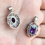 Natural Amethyst Ruby Pendant S925 Sterling Silver Vintage Zircon Inlay