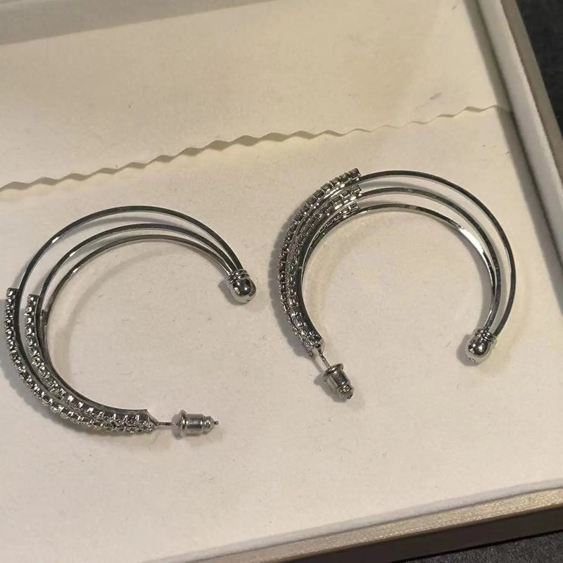 C Letter Shape Earrings S925 Silver Needle Shine Multi-Layered Moon Fine Jewelry