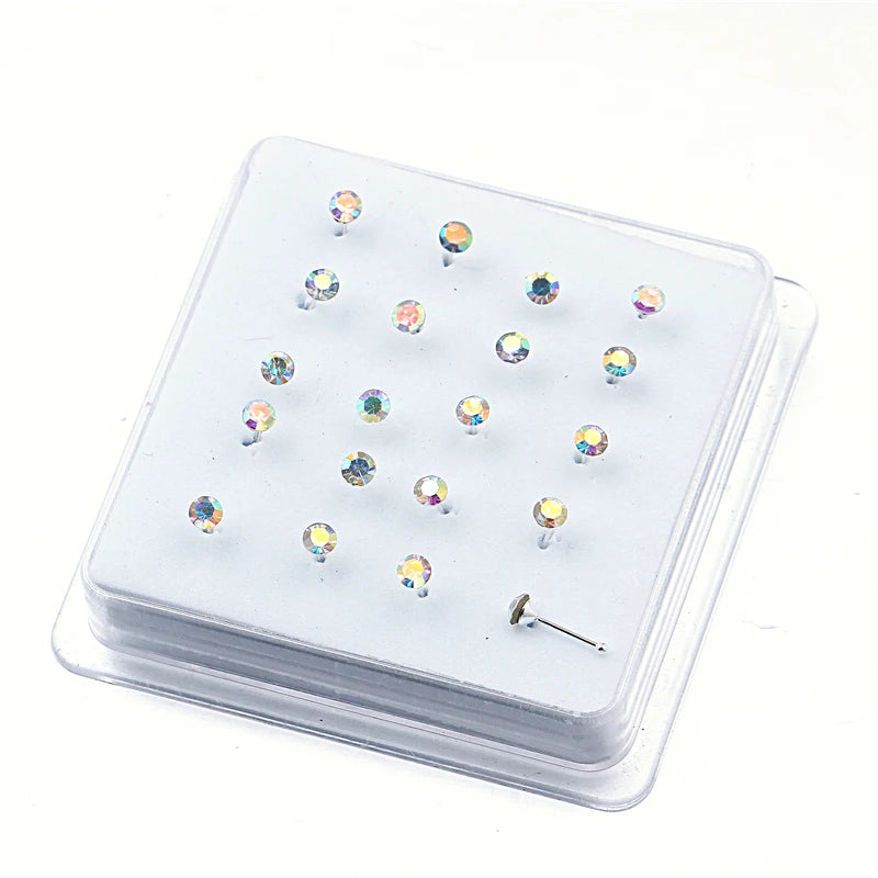 20 Pcs 925 Silver Multicolor Crystal Nose Studs 3MM Round Pin Body Jewelry