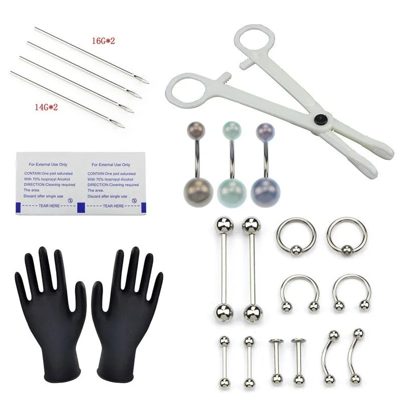 Disposable Body Piercing Kit - Needles, Clamp, Gloves - Ear Nose Navel