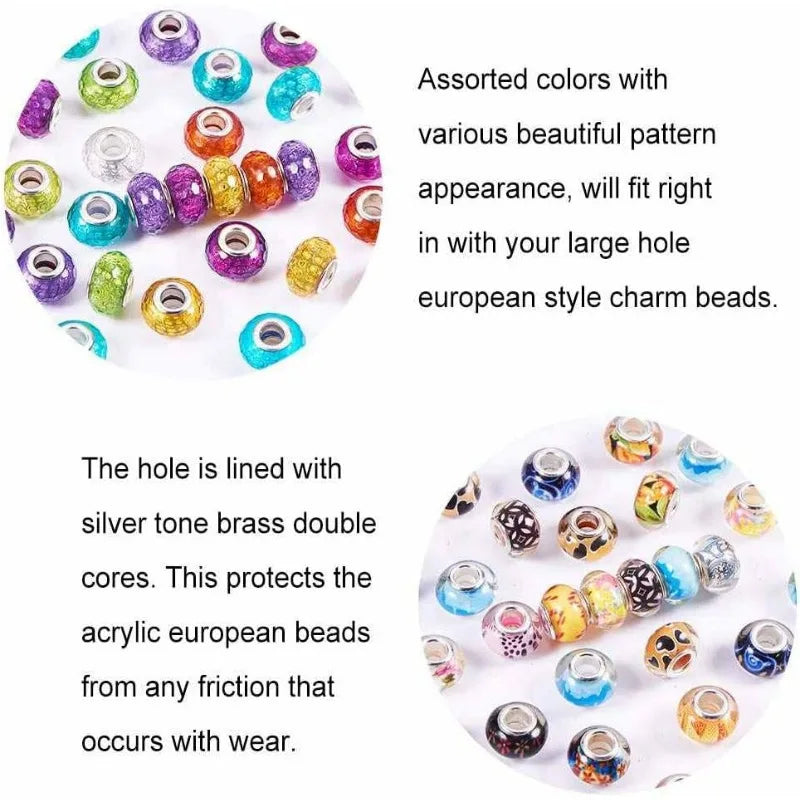 100PCS 14mm Mixed Acrylic European Beads Silver Tone Brass Double Cores
