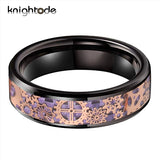 Carbon Fiber Tungsten Wedding Band Rings with Rose Gear Wheel Inlay