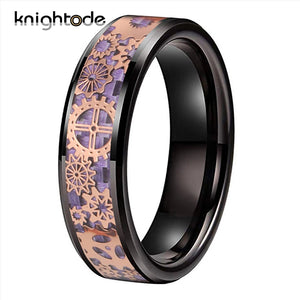 Carbon Fiber Tungsten Wedding Band Rings with Rose Gear Wheel Inlay
