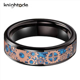 Carbon Fiber Tungsten Wedding Band Rings with Rose Gear Wheel Inlay