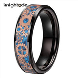 Carbon Fiber Tungsten Wedding Band Rings with Rose Gear Wheel Inlay