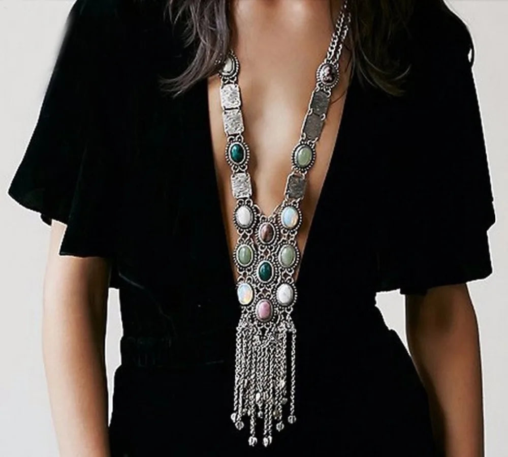 Vintage Long Chains Rhinestone Statement Necklaces Tassel Pendant Choker