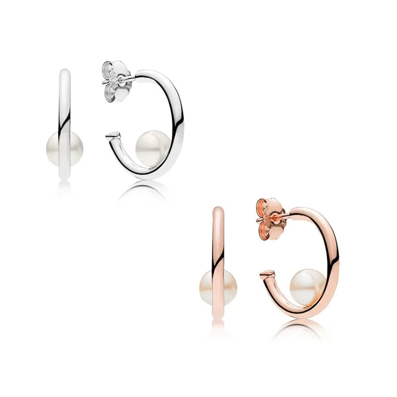 Pearl Hoop Earrings Silver & Rose Golden 925 Jewelry Girl
