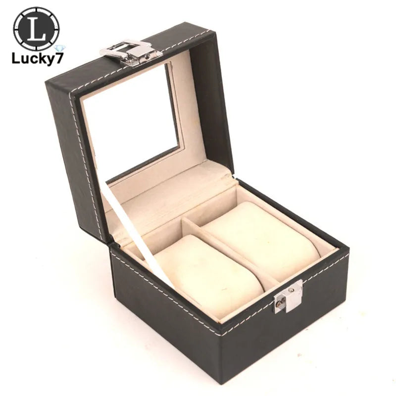 2 Grids Watch Box PU Leather Watch Case Holder Organizer Storage