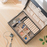 2 Layer Jewelry Box Organizer Leather Display Jewel Holder with Lock