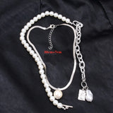 2 Layers Pearls Pendants Women Punk Necklaces Metal Snake Chain Necklace