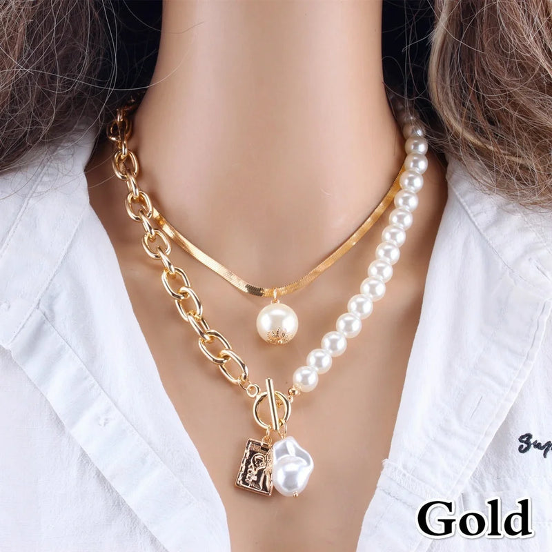 2 Layers Pearls Pendants Women Punk Necklaces Metal Snake Chain Necklace
