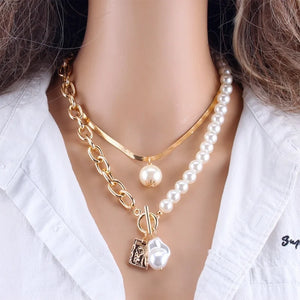 2 Layers Pearls Pendants Women Punk Necklaces Metal Snake Chain Necklace