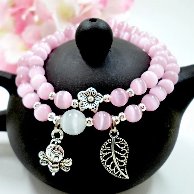 Pink Quartzs Bracelet Honeybee Pendant Charm Bracelets For Women