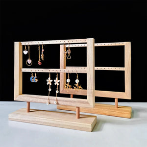 2 Layers Retro Earrings Storage Display Rack Solid Wood Holder Stand